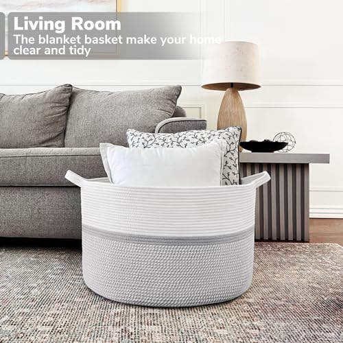 CHICVITA 85L Large Blanket Basket for Living Room, Woven Storage Baskets for Laundry Pillows Toys, Decorative Cotton Rope ...