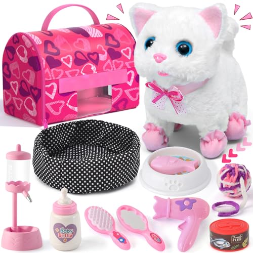 Golray Cat Toys for Kids Girls Gift, Electronic Interactive Plush Toy Cat Can Walk and Meow - 16 Pcs Carrier & Pet Groom F...