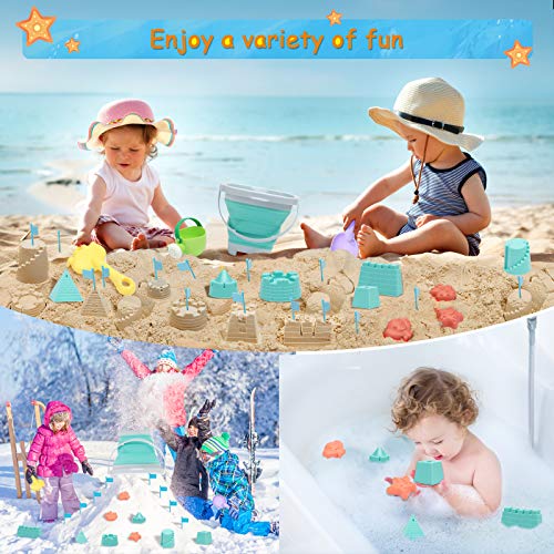 RACPNEL Beach Toys Sand Set for Kids, Collapsible Bucket and Shovels with Mesh Bag, Molds, Flags, Sandbox Kids Toddlers, T...