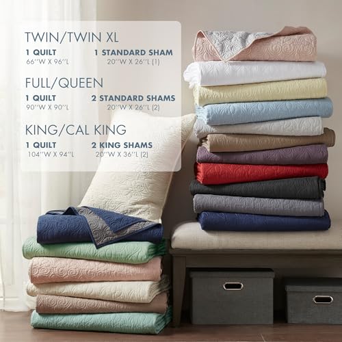Madison Park Quebec Quilt Set - Luxurious Damask Stitching Design, Cotton Filled Lightweight Coverlet Bedspread Bedding, S...