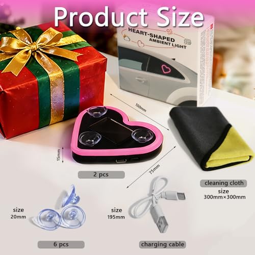 2Pcs Solar Powered Heart Light for Car, LED Wireless Ambient Lamp with 6 Modes & Vibration Sensor Can Automatically Power ...