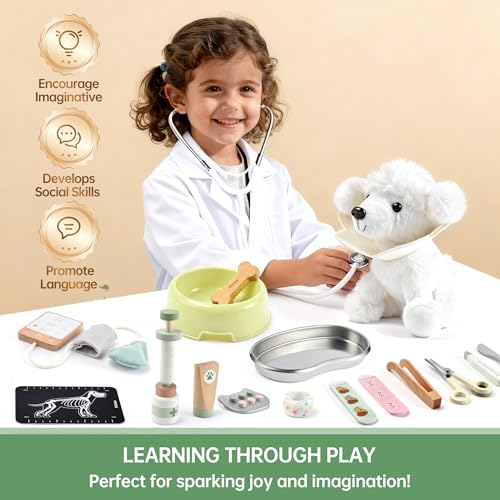 Pithfor Wooden Doctor Kit for Kids Toddlers, Vet Play Set, Pretend Play Veterinarian Set, Doctor Toys Gift for Boys Girls ...
