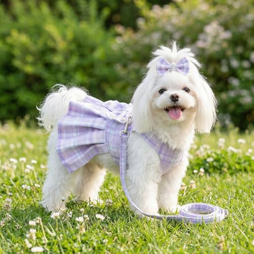 Yymobt Cute Plaid Dog Dress Clothes for Small Dogs Cats Girl Purple Plaid Dog Dress with Pearls Bow Tie Harness Leash for ...