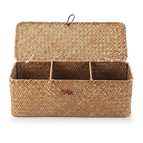 DECRAFTS Seagrass Storage Basket with Lid Rectangular Small Woven Shelf Baskets with Sections for Organize Snack Toys Tampon