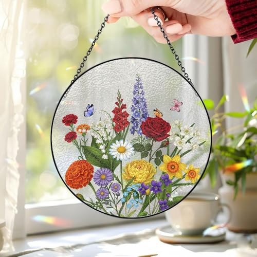 Custom Family Birth Flower Bouquet Suncatcher, Birth Month Flowers Stained Glass Style Window Hanging, Personalized Floral...