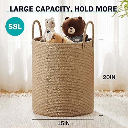 Jute Rope Laundry Hamper Basket by YOUDENOVA, 58L Tall Laundry Basket, Baby Nursery Hamper for Blanket Storage for Bedroo...