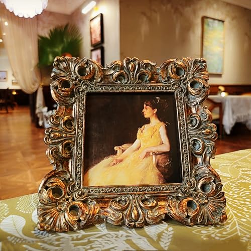 CISOO 4x4 Vintage Small Picture Frame, Antique Ornate Bronze Gold Square Photo Frame, for Table Top and Wall Display, Deco...