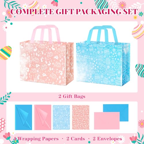 XiaosRen 2Pack Large Happy Easter Gift Bags with Card, Envelope and Tissue Paper, Reusable Non-Woven Bag with Handles for ...