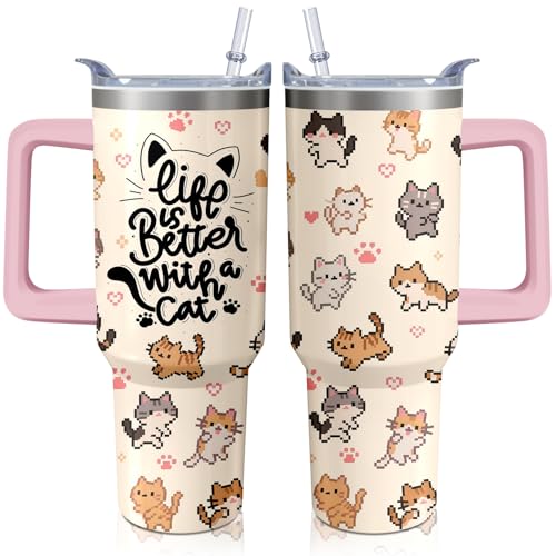 Xchearser Cute Cat Tumbler with Handle and Straw, 40oz Travel Coffee Mug Water Bottle with Lid, Stainless Steel Insulated ...