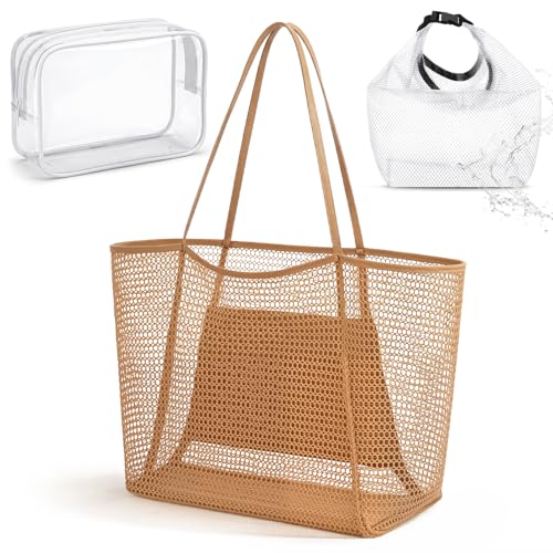 Hsei 3 Large Mesh Beach Bag Tote Set for Women, Khaki Collapsible Tote, Includes Waterproof Swimsuit Dry Bag & Clear Cosme...