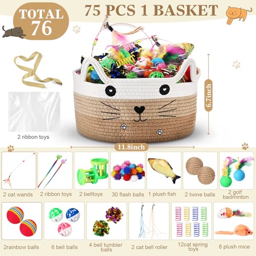Zopeal 76 Pcs Mother's Day Cat Storage Basket Gift Toys Set Interactive Cat Toys Kitten Wand Colorful Flashing Balls Pet C...