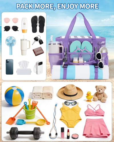 WANDF Mesh Beach Bag for Women, Large Beach Tote Bags with 40oz Tumbler Side Pockets, Family Pool Bag for Swim Toys Towels...