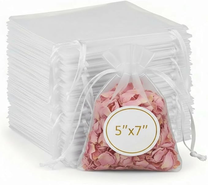 Sukh 100pcs Organza Bags 5''x7'' - White Sheer Mesh Drawstring Bags for Jewelry, Soap, Fruits, Candy, Small Gift Bags for ...