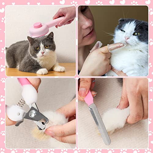 VCZONE 8 Pcs Cat Brush Grooming Kits, Pet Self Cleaning Kit with Pet Nail Clipper and File, Flea Comb, Pet Shampoo Bath Br...
