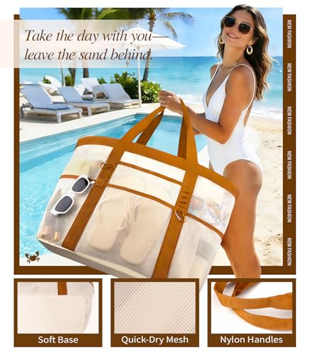 WULIVA 2026 Stylish & Spacious XX-Large Beach Bag for Women – Mesh × Canvas Tote with Top Zipper, 11 Tall Pockets | 40L+ S...