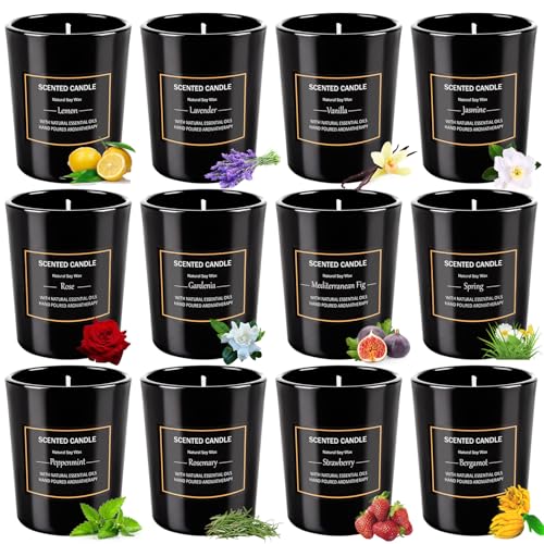12 Pack Scented Black Candles Gift Set, Natural Soy Wax Aromatherapy Candles for Home, 12 Fragrances, Perfect for Stress R...