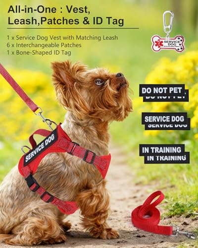 Service Dog Vest for Small Breed Dogs with ID Tag – Lightweight Puppy Harness and Leash Set with 6 PCS Patches, Ideal Serv...