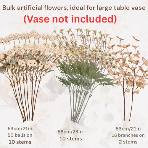 Beige Silk Flower Arrangements Home Decor, Large Floral Centerpieces For Tables, 22 Long Stems Fake Mums + Eucalyptus + Wi...