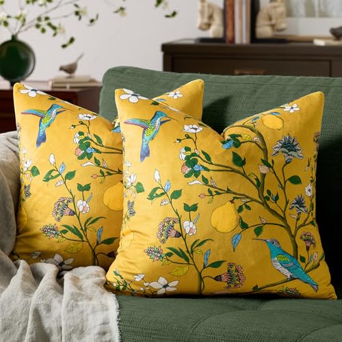 Mustard Yellow Floral Pillow Covers 18x18 Set of 2, Velvet Wild Flower Plant Throw Pillows Case, Square Farmhouse Decor Cu...