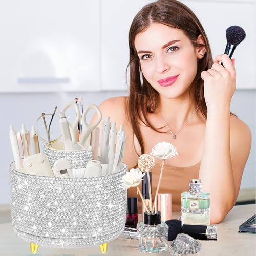 Yi-gog 360°Rotating Makeup Organizer Brush Holder with DIY Diamond Gifts Women Girls Vanity Desktop Office Dresser Bedroom