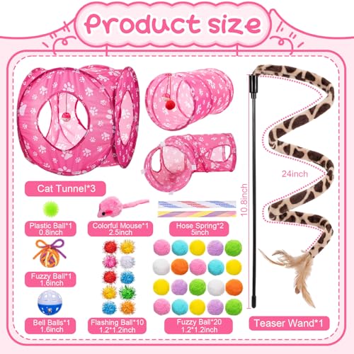 Leitee 40 Pcs Cat Toys Kitten Toys Assortments, Variety Toy Set Including 3 Pink Cat Paws Way Tunnel, Cats Feather Teaser,...