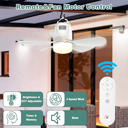 Canopy Fan 20'', 20000mAh Portable Outdoor Ceiling Fan with Light with Remote Control and Extension Hook, Easy Operation B...