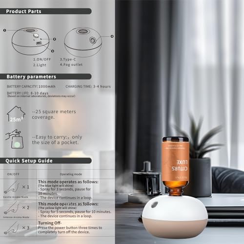 Waterless Rechargeable Scent Diffuser – Hotel Collection Diffuser Set with 6 Hotel Essential Oils – Two Intensity Modes – ...