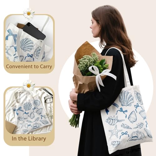 LIANGW Summer Beach Canvas Tote Bag Aesthetic for Women, Reusable Coastal Sea Turtle Grocery Bags Shopping Bags