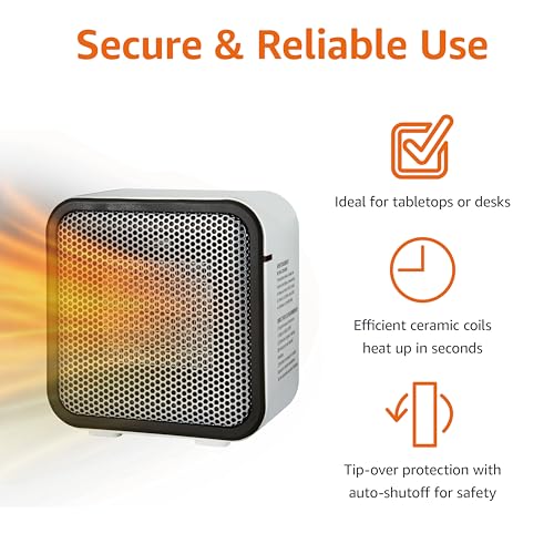 Amazon Basics Ceramic Space Heater, Portable Mini Heater for Office Desk, 500W, With Tip-Over Protection, Lightweight 1.4 ...