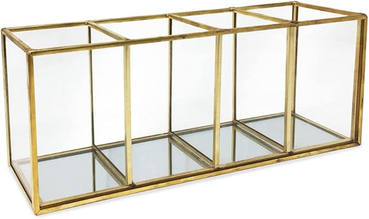 Isaac Jacobs 4-Compartment Organizer- Makeup Brush Holder- Vintage Style Brass and Glass Storage Solution with Mirror Bas...