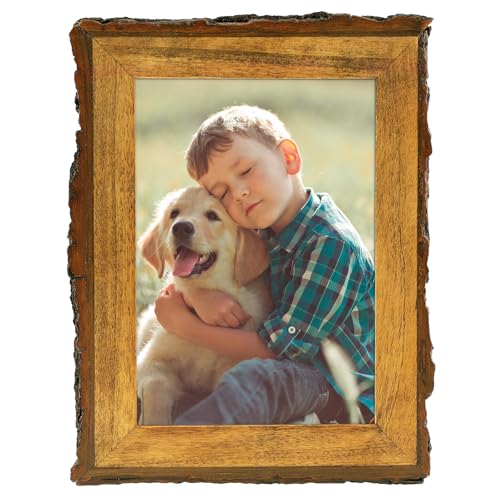 Golden State Art, 5x7 Picture Frame Rustic Brown, Solid Wood Picture Frame with Bark Edges & Real Glass Cover, Display Pos...
