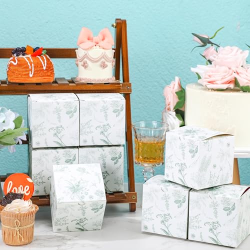 TecUnite 50 Pcs 3x3x3'' Green Floral Paper Gift Candy Boxes Chinoiserie Flower Paper Gift Box Small Green White Hydrangea ...