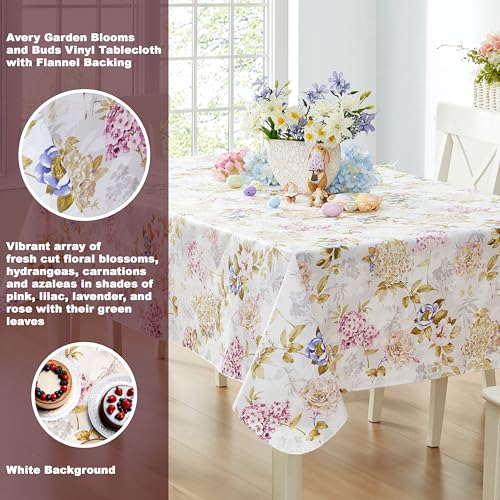 Newbridge Avery Garden Blooms and Buds Vinyl Rectangle Tablecloth, Hydrangea Pink Floral 60 x 102 Inch Flannel Backed Tabl...