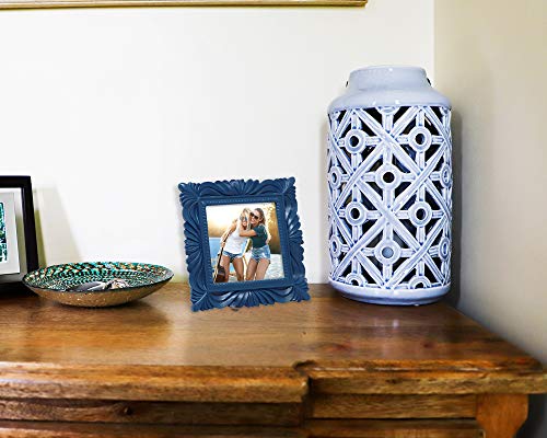 Isaac Jacobs 4x4 Navy Wave Textured Hand-Crafted Resin Picture Frame with Easel & Hook for Tabletop & Wall Display, Decora...