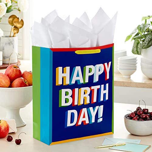 Hallmark 15" Extra Large Birthday Gift Bag with Tissue Paper (Happy Birthday, Red, Blue, Yellow, Green) for Kids, Teacher...