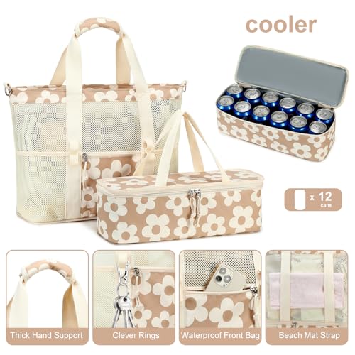 Bluboon Mesh Beach Tote Bag with Cooler Compartment Insulated Detachable Picnic Bag with Zipper and Pocket Pool Bag for Women