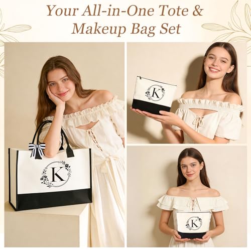 Birthday Gifts for Women, 10pcs Monogrammed Gifts for Women Initial Canvas Tote Bag, Makeup Bag, Glass Cup, Hair Clip, Can...