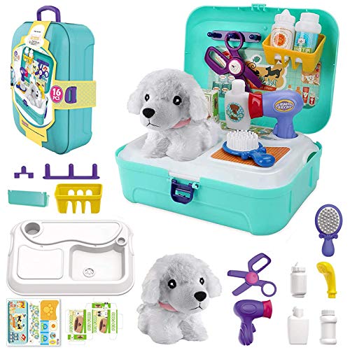 TEUVO Pet Care Play Set Doctor Kit for Kids, 16 Pcs Doctor Pretend Play Vet Dog Grooming Toys Puppy Dog Carrier Feeding Do...