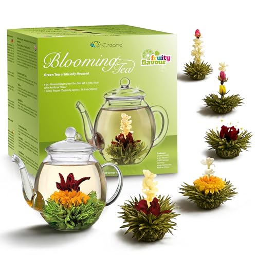 Creano Blooming Tea Gift Set with Glass Teapot 17oz (500ml) - Green Tea Fruity Flavoured Tea Flowers in 6 Varieties - Flow...