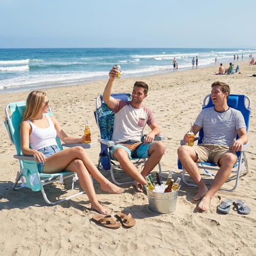 SUNNYFEEL Low Beach Chair 5 Position Lay Flat, Portable Folding Backpack Beach Chairs Heavy Duty with Cooler Bag, Cup Hold...