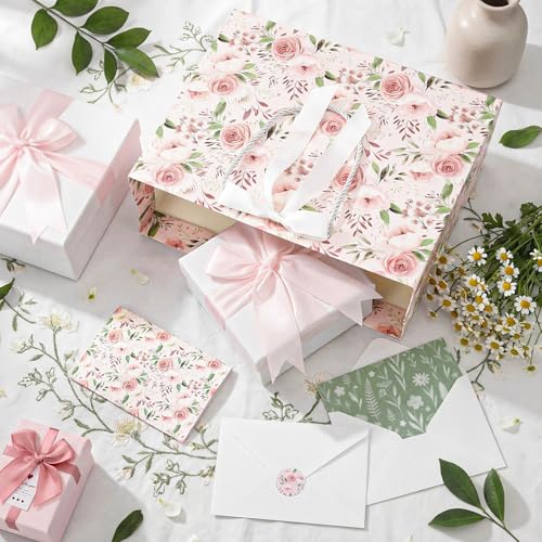 Silkfly 2 Pack Large Floral Gift Bags with Tissue Paper Ribbon Card & Envelope 13'' Flower Gift Bags for Woman Wedding Bri...