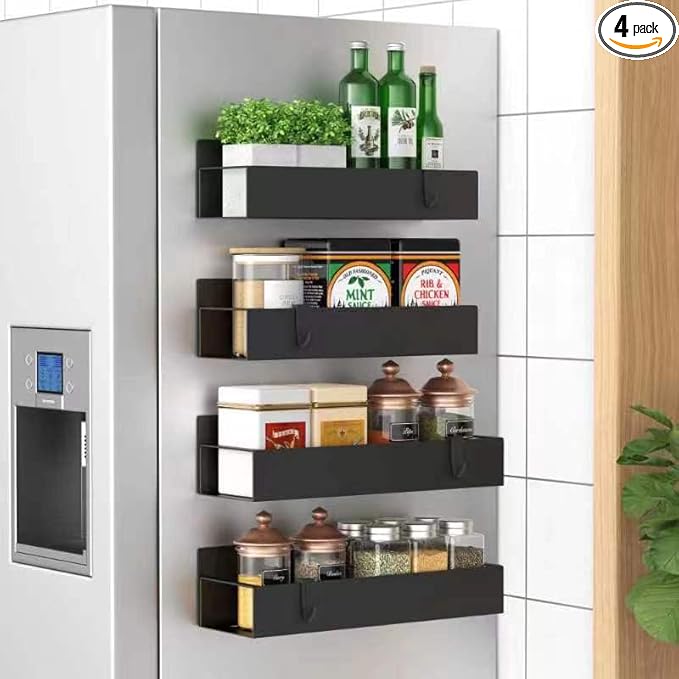 HuggieGems Metal 4 Pack Magnetic Spice Storage Rack Organizer for Refrigerator and Oven, Black Fridge Organizers and Storage