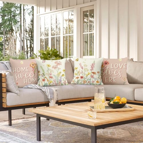 Bonhause Spring Floral Throw Pillow Covers 18x18 Inch Outdoor Pink Garden Wildflowers Plants Farmhouse Decorative Polyeste...