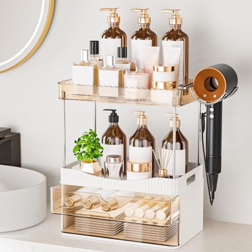 TasticTotes Bathroom Counter Organizer with Hairdryer Holder, 2-Tier 2-Drawer Shower Organizer for Skincare, Makeup Cosmet...