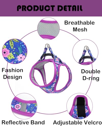 Moonpet Step in Dog Harness Leash Set- All Weather Reflective No-Pull Floral Pattern Padded Mesh Vest Harness for Cats Pup...