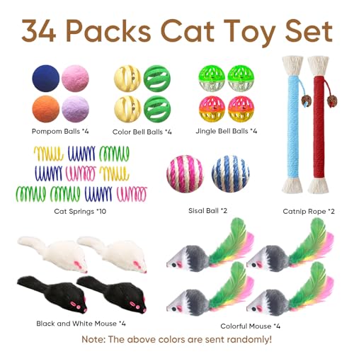 YULOYI Cat Toys for Indoor Cats, 34 Packs Interactive Cat Toy Set with Colorful Springs Toys, Mouse Toy, Catnip Ropes, Bal...