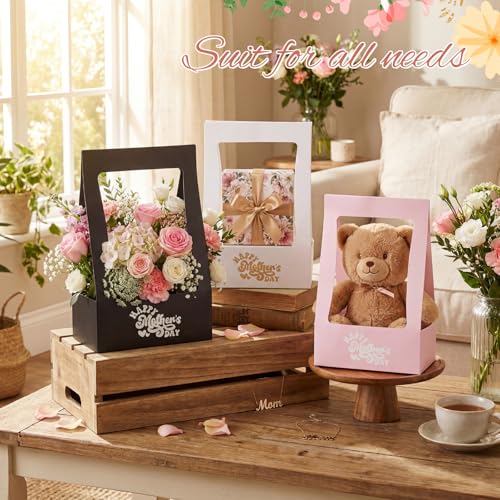 PerKoop 30 Pcs Mother's Day Flower Box for Arrangement Bouquet Bags for Flowers Gift Bags with Handle Waterproof Packaging...