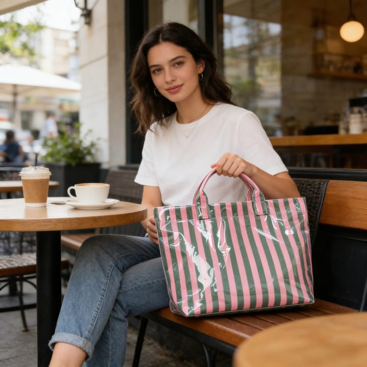 JQWYGB Striped PVC Tote Bag Large Glossy Striped Handbags Waterproof Top Handle Bag Plastic Tote Handbag Beach Travel Work
