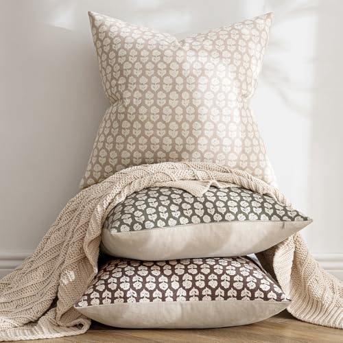 MIULEE Block Print Pillow Covers 20x20 Inch Set of 2, Vintage Floral Throw Pillow Cases Neutral Linen Farmhouse Cushion Co...