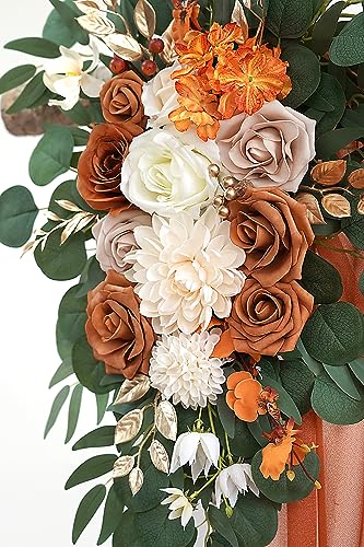 Olalaka Burnt Orange Artificial Wedding Arch Flowers Kit (Pack of 3) with 26Ft Terracotta Shiny Arch Draping Fabric for DI...